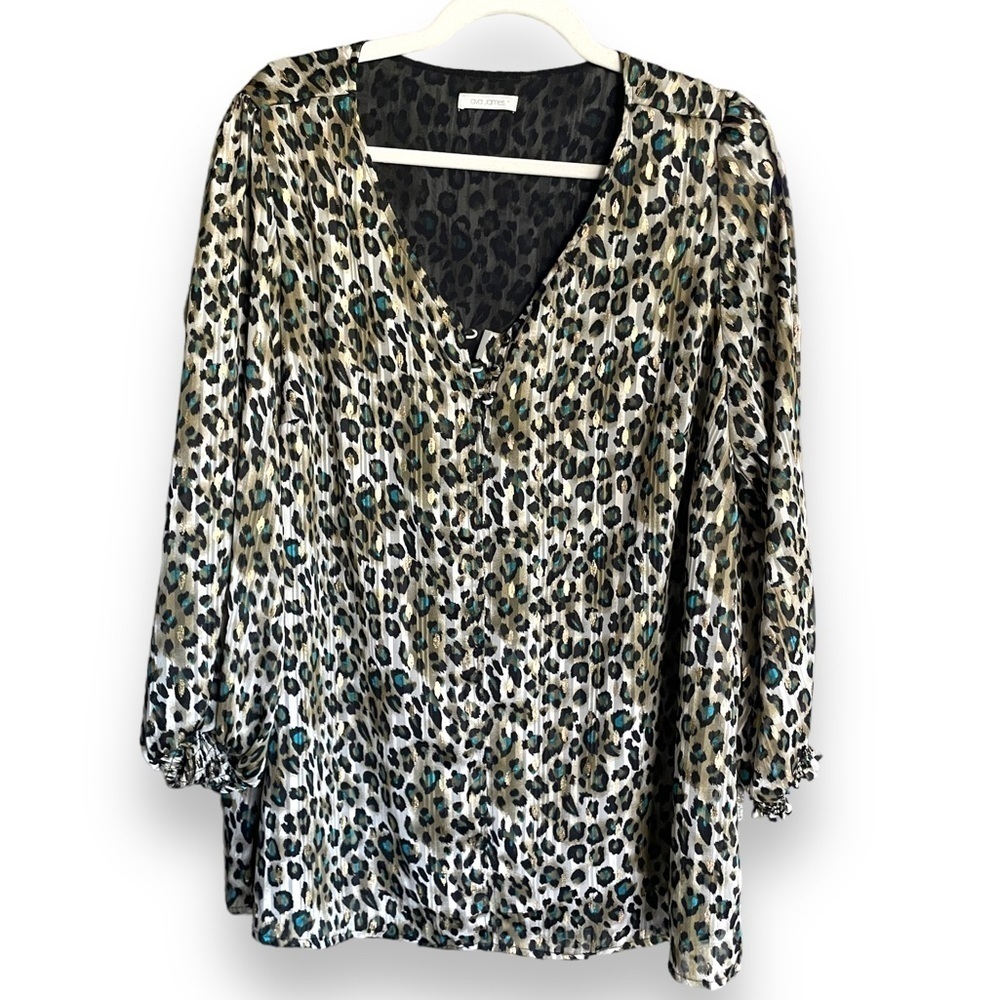 💕 Ava James Tan & Turquoise Leopard Print 3/4 Sleeve Blouse 1X 14/16